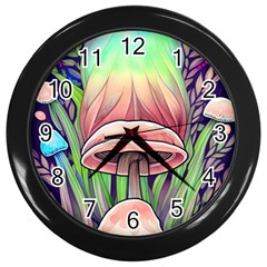 Tiny Forest Mushrooms Wall Clock (black) by GardenOfOphir