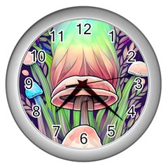 Tiny Forest Mushrooms Wall Clock (silver) by GardenOfOphir