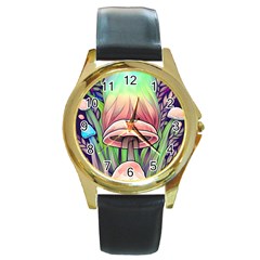 Tiny Forest Mushrooms Round Gold Metal Watch by GardenOfOphir