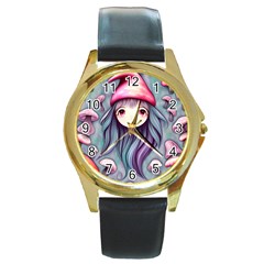 Witchy Mushroom Forest Round Gold Metal Watch by GardenOfOphir