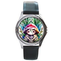 Fantasy Mushroom Forest Round Metal Watch by GardenOfOphir