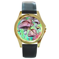 Historical Mushroom Forest Round Gold Metal Watch by GardenOfOphir