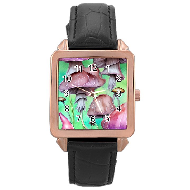 Historical Mushroom Forest Rose Gold Leather Watch 