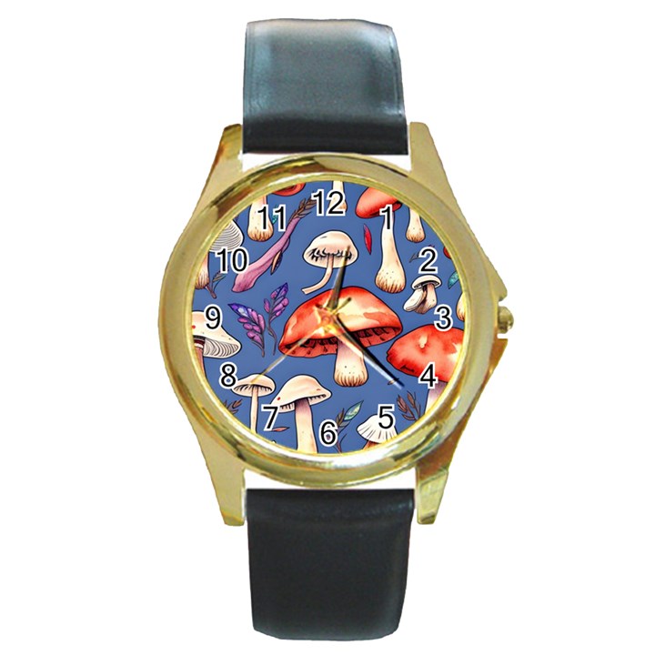 Nature s Own Wooden Mushroom Round Gold Metal Watch