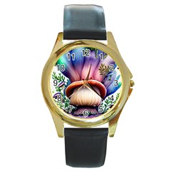 Forestcore Mushroom Round Gold Metal Watch by GardenOfOphir