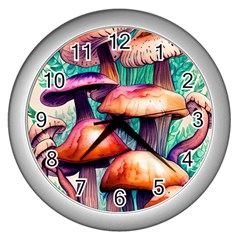 Witchy Mushrooms In The Woods Wall Clock (silver) by GardenOfOphir