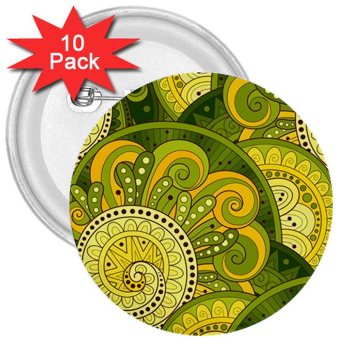 Doodles Patterns Ornament Vector Flowers Green 3  Buttons (10 pack) 