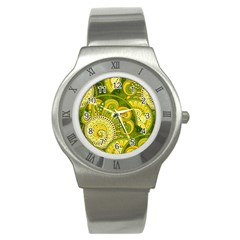 Doodles Patterns Ornament Vector Flowers Green Stainless Steel Watch by Jancukart