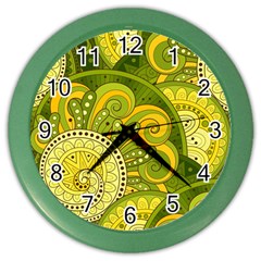 Doodles Patterns Ornament Vector Flowers Green Color Wall Clock