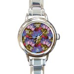 Purple Red And Green Flowers Digital Wallpaper Patterns Ornament Round Italian Charm Watch Front