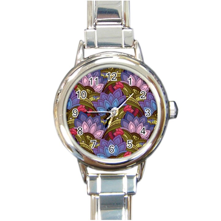 Purple Red And Green Flowers Digital Wallpaper Patterns Ornament Round Italian Charm Watch