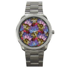 Purple Red And Green Flowers Digital Wallpaper Patterns Ornament Sport Metal Watch by Jancukart