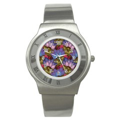 Purple Red And Green Flowers Digital Wallpaper Patterns Ornament Stainless Steel Watch