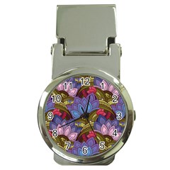 Purple Red And Green Flowers Digital Wallpaper Patterns Ornament Money Clip Watches