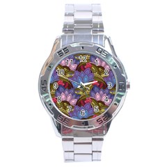 Purple Red And Green Flowers Digital Wallpaper Patterns Ornament Stainless Steel Analogue Watch