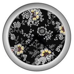 White And Yellow Floral And Paisley Illustration Background Wall Clock (silver)