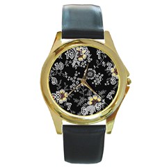 White And Yellow Floral And Paisley Illustration Background Round Gold Metal Watch