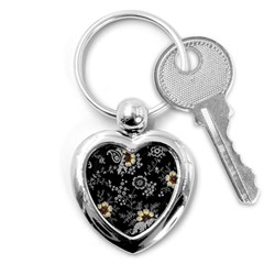 White And Yellow Floral And Paisley Illustration Background Key Chain (heart)