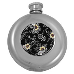 White And Yellow Floral And Paisley Illustration Background Round Hip Flask (5 Oz)