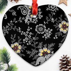 White And Yellow Floral And Paisley Illustration Background Heart Ornament (two Sides)