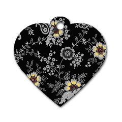 White And Yellow Floral And Paisley Illustration Background Dog Tag Heart (one Side)