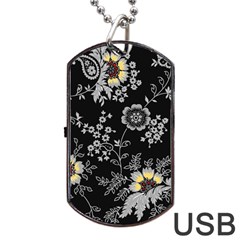 White And Yellow Floral And Paisley Illustration Background Dog Tag Usb Flash (two Sides)