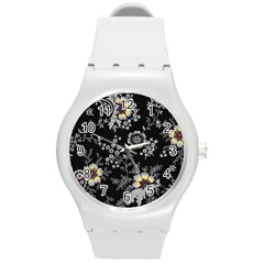 White And Yellow Floral And Paisley Illustration Background Round Plastic Sport Watch (m)