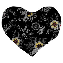 White And Yellow Floral And Paisley Illustration Background Large 19  Premium Heart Shape Cushions