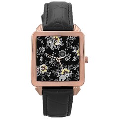 White And Yellow Floral And Paisley Illustration Background Rose Gold Leather Watch 