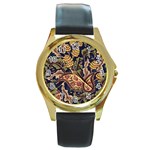 Leaves Flowers Background Texture Paisley Round Gold Metal Watch Front