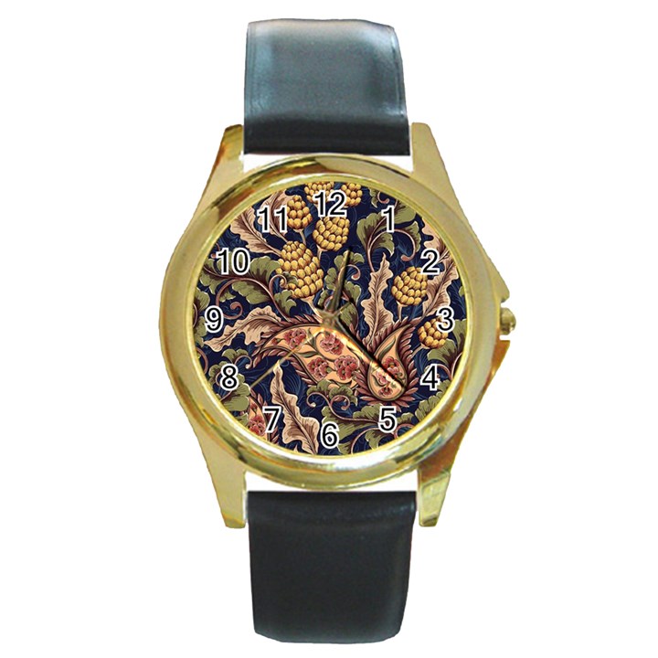 Leaves Flowers Background Texture Paisley Round Gold Metal Watch