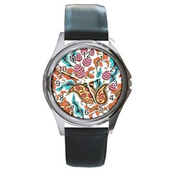 Flowers Pattern Texture White Background Paisley Round Metal Watch