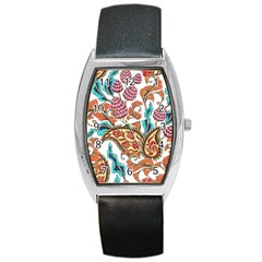 Flowers Pattern Texture White Background Paisley Barrel Style Metal Watch