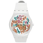 Flowers Pattern Texture White Background Paisley Round Plastic Sport Watch (M) Front