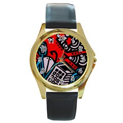 Multicolored Doodle Art Street Art Round Gold Metal Watch