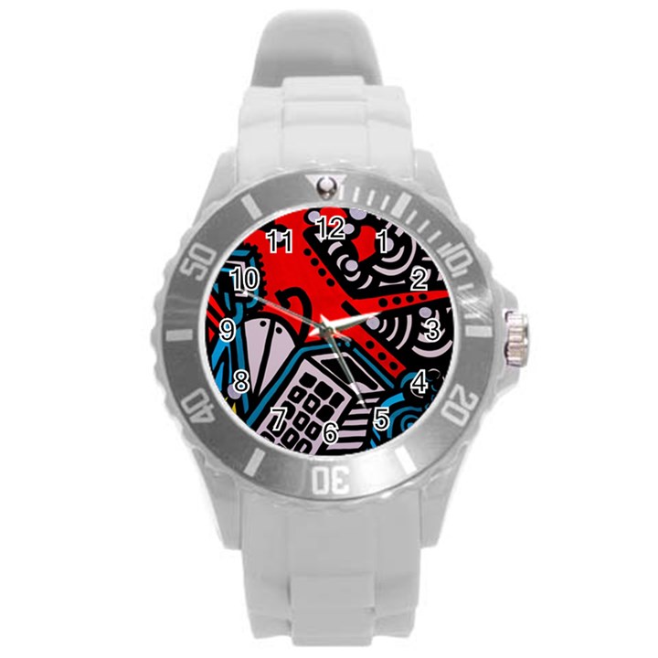 Multicolored Doodle Art Street Art Round Plastic Sport Watch (L)