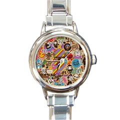 Multicolored Doodle Art Wallpaper Round Italian Charm Watch by Jancukart