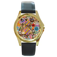 Multicolored Doodle Art Wallpaper Round Gold Metal Watch by Jancukart