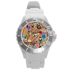 Multicolored Doodle Art Wallpaper Round Plastic Sport Watch (l) by Jancukart