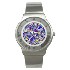 Blue Yellow Background Pattern Vector Texture Paisley Stainless Steel Watch by Jancukart