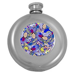 Blue Yellow Background Pattern Vector Texture Paisley Round Hip Flask (5 Oz)