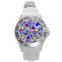 Blue Yellow Background Pattern Vector Texture Paisley Round Plastic Sport Watch (l) by Jancukart