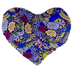 Blue Yellow Background Pattern Vector Texture Paisley Large 19  Premium Heart Shape Cushions