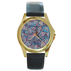 Background Ornament Paisley Round Gold Metal Watch