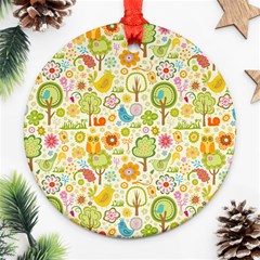 Nature Doodle Art Trees Birds Owl Children Pattern Multi Colored Ornament (round) by Jancukart