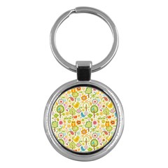 Nature Doodle Art Trees Birds Owl Children Pattern Multi Colored Key Chain (round) by Jancukart