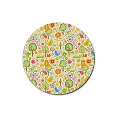 Nature Doodle Art Trees Birds Owl Children Pattern Multi Colored Rubber Coaster (round)