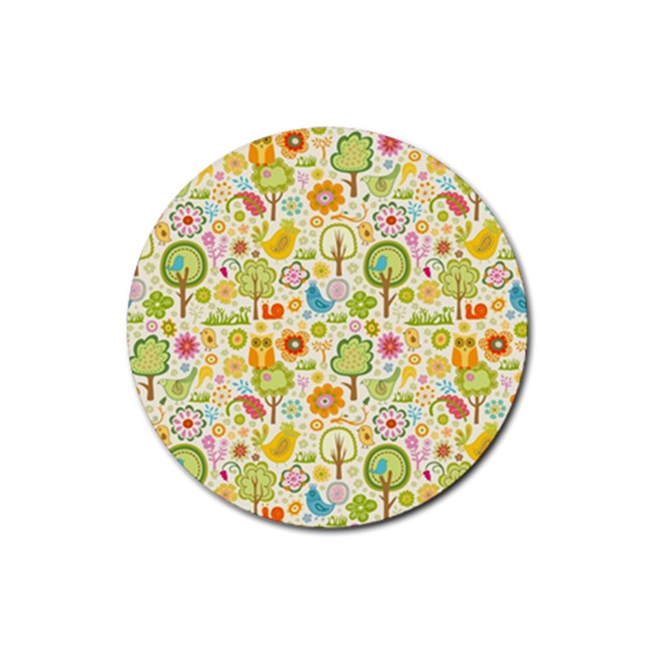 Nature Doodle Art Trees Birds Owl Children Pattern Multi Colored Rubber Coaster (Round)