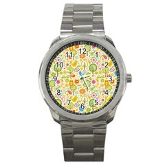 Nature Doodle Art Trees Birds Owl Children Pattern Multi Colored Sport Metal Watch by Jancukart