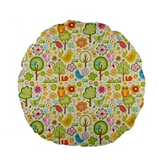 Nature Doodle Art Trees Birds Owl Children Pattern Multi Colored Standard 15  Premium Flano Round Cushions